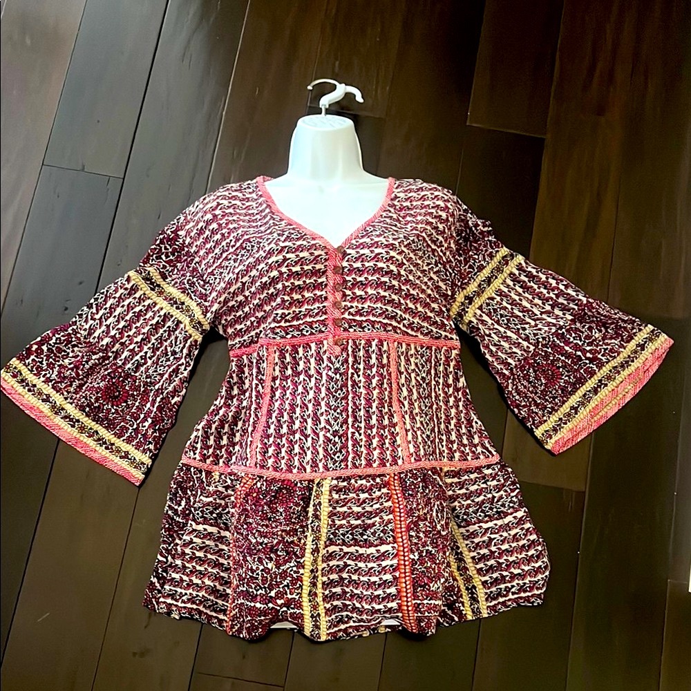 Maeve Bohemian Patterned silk Tunic with Bell Sleeves S